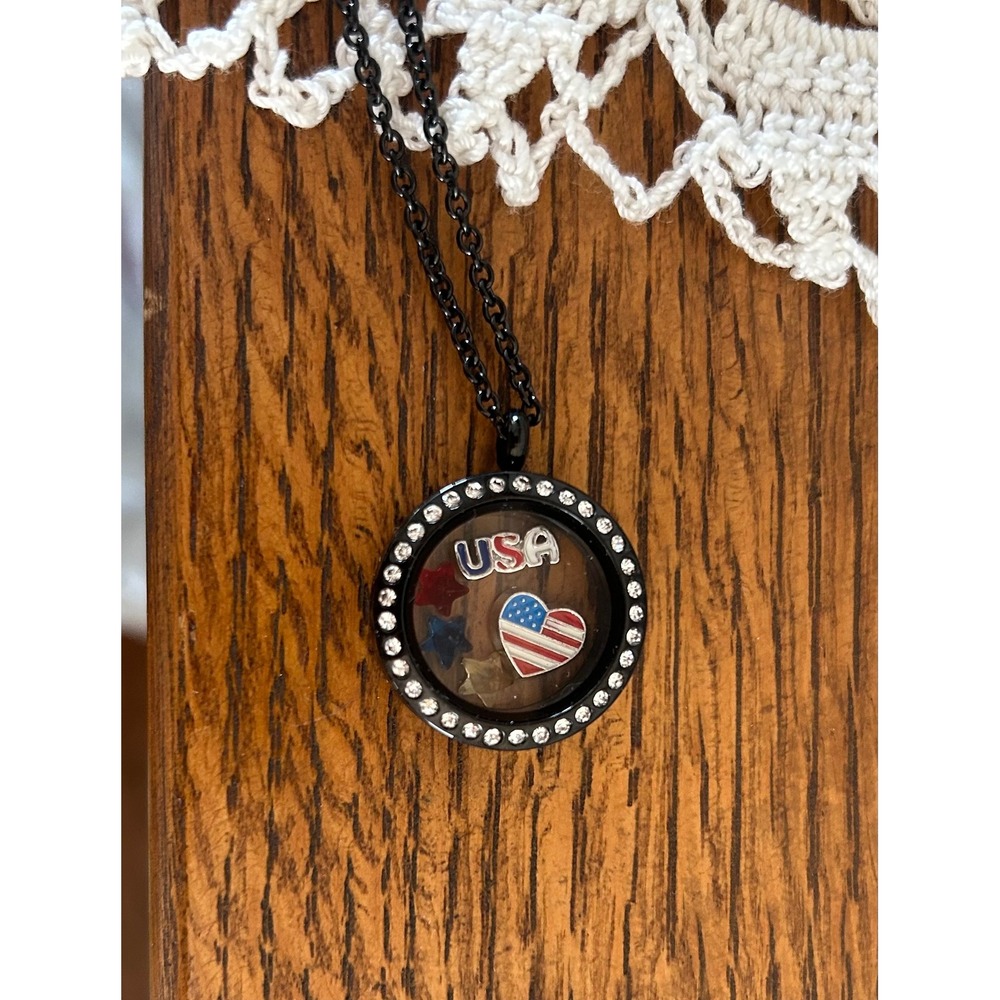 Origami Owl Floating Locket Necklace Black Rhinestone Patriotic Charms